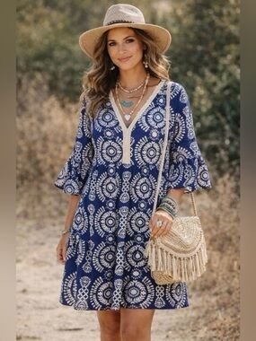 Saiph Lab Tiered Bell Sleeve Midi Dress SZ Large